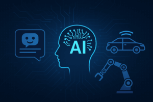 Digitale illustratie van kunstmatige intelligentie met een AI-hoofd in het midden, omringd door een chatbot-icoon, een zelfrijdende auto en een robotarm, tegen een achtergrond van een blauw circuitpatroon.