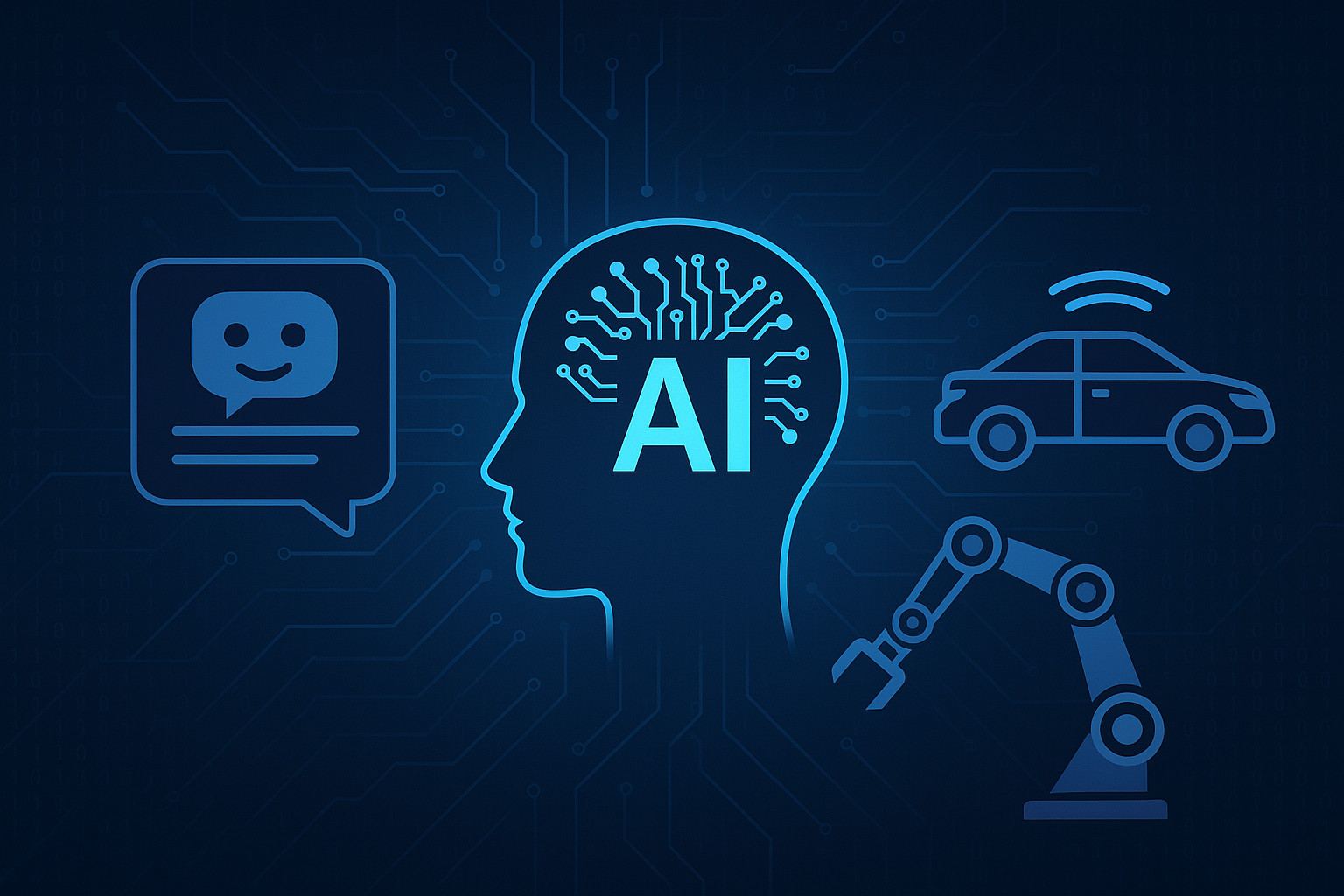 Digitale illustratie van kunstmatige intelligentie met een AI-hoofd in het midden, omringd door een chatbot-icoon, een zelfrijdende auto en een robotarm, tegen een achtergrond van een blauw circuitpatroon.